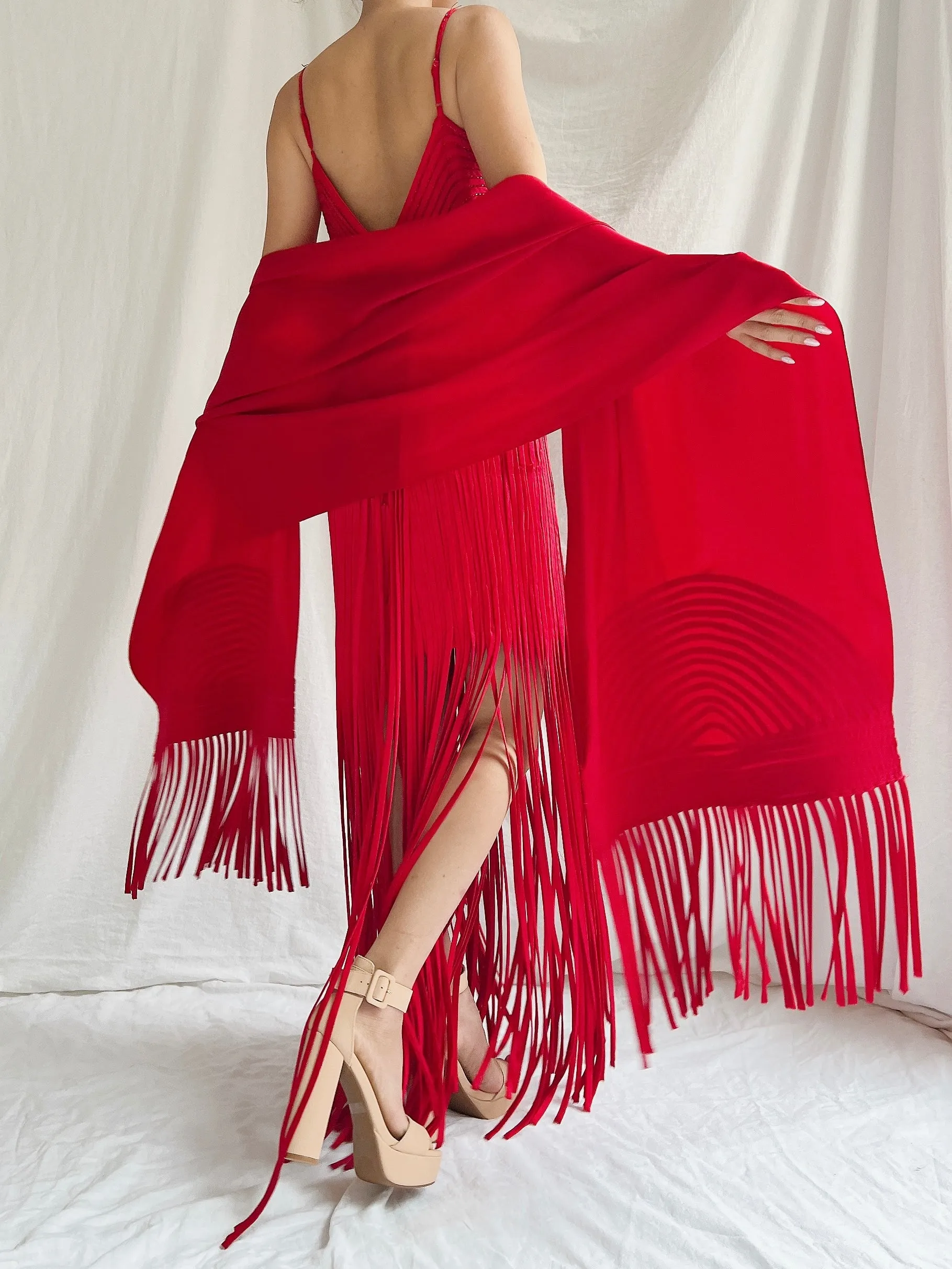 Vintage Sue Wong Silk Fringed Gown with Scarf - M