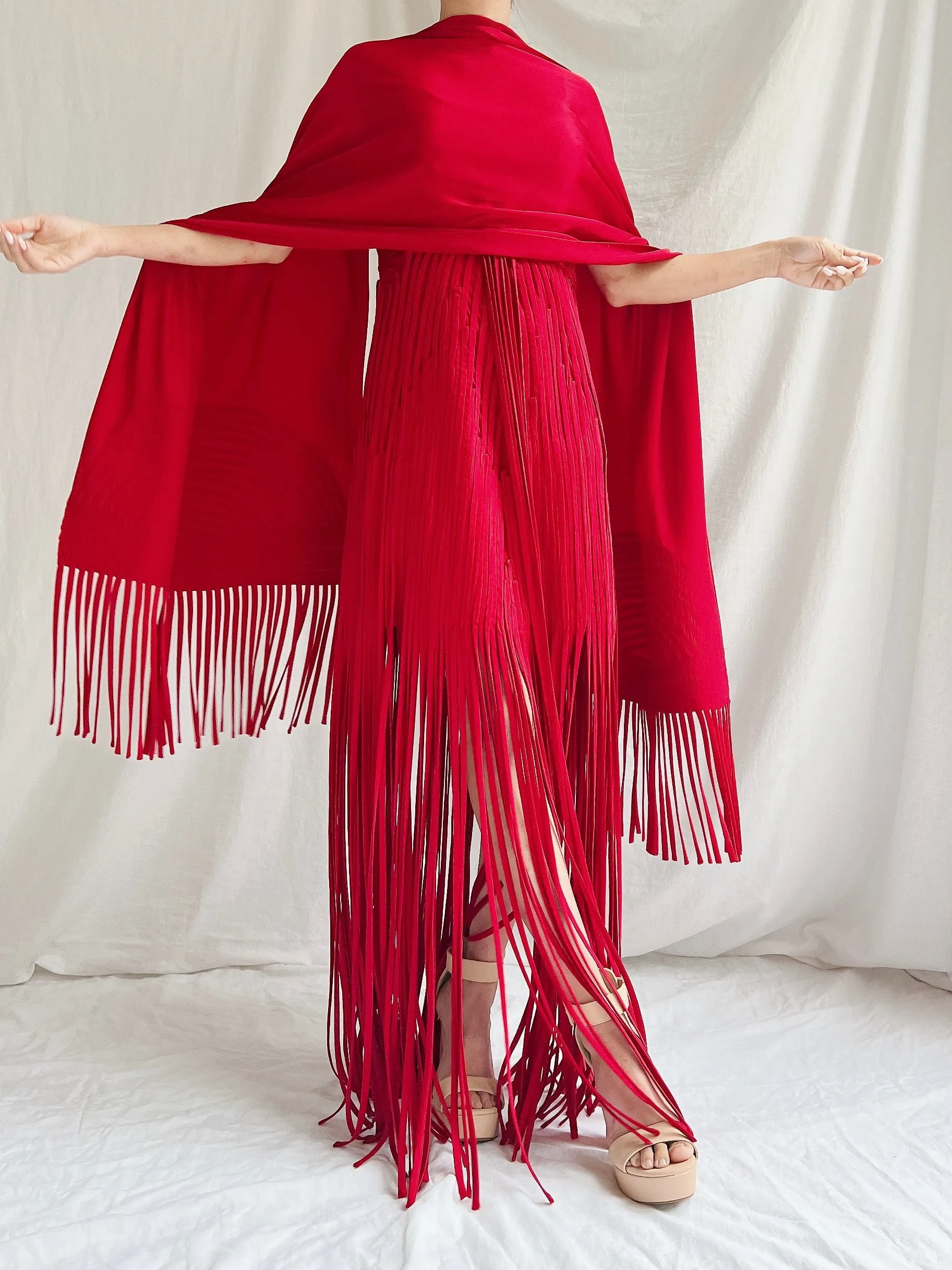 Vintage Sue Wong Silk Fringed Gown with Scarf - M