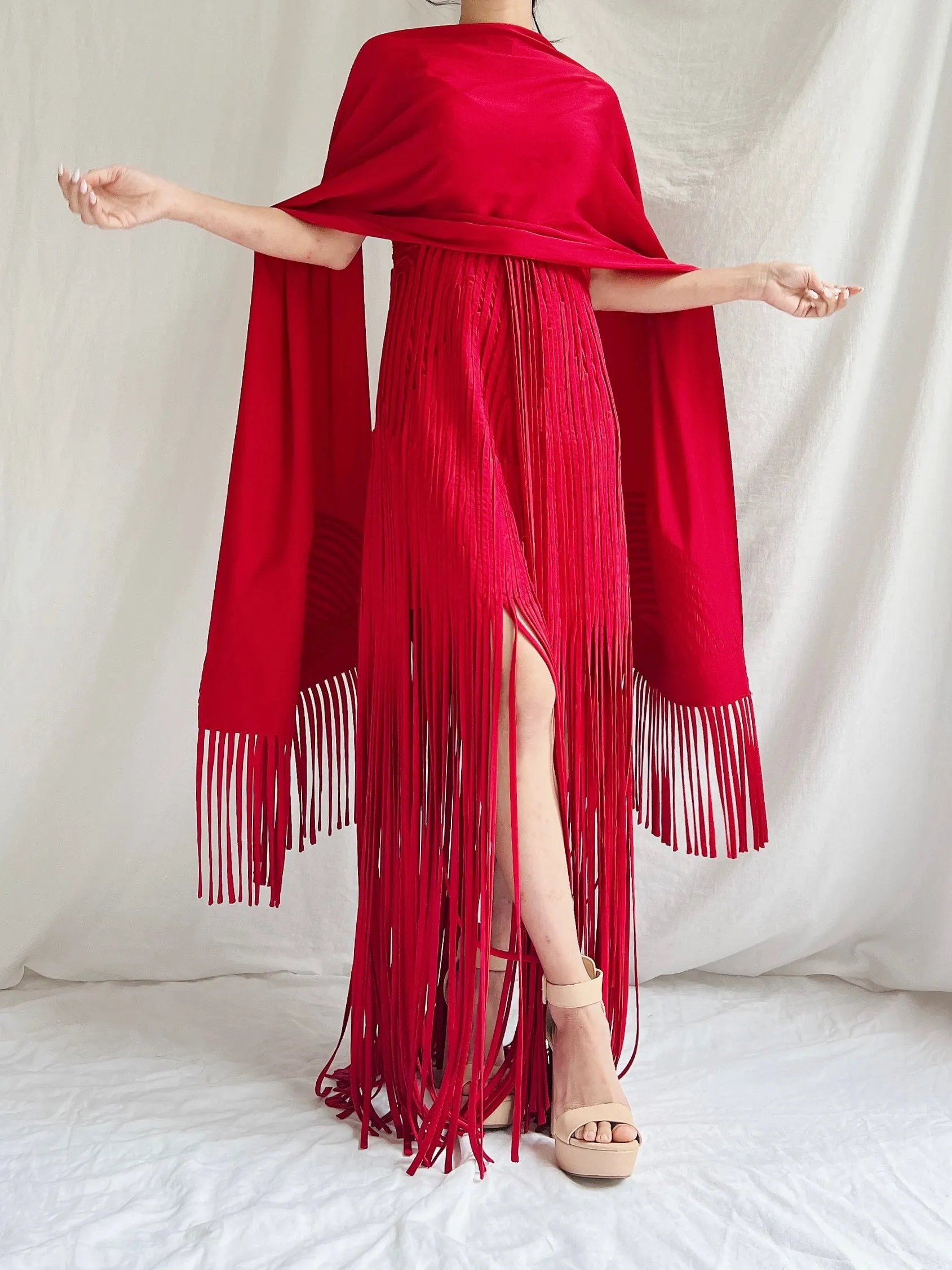 Vintage Sue Wong Silk Fringed Gown with Scarf - M