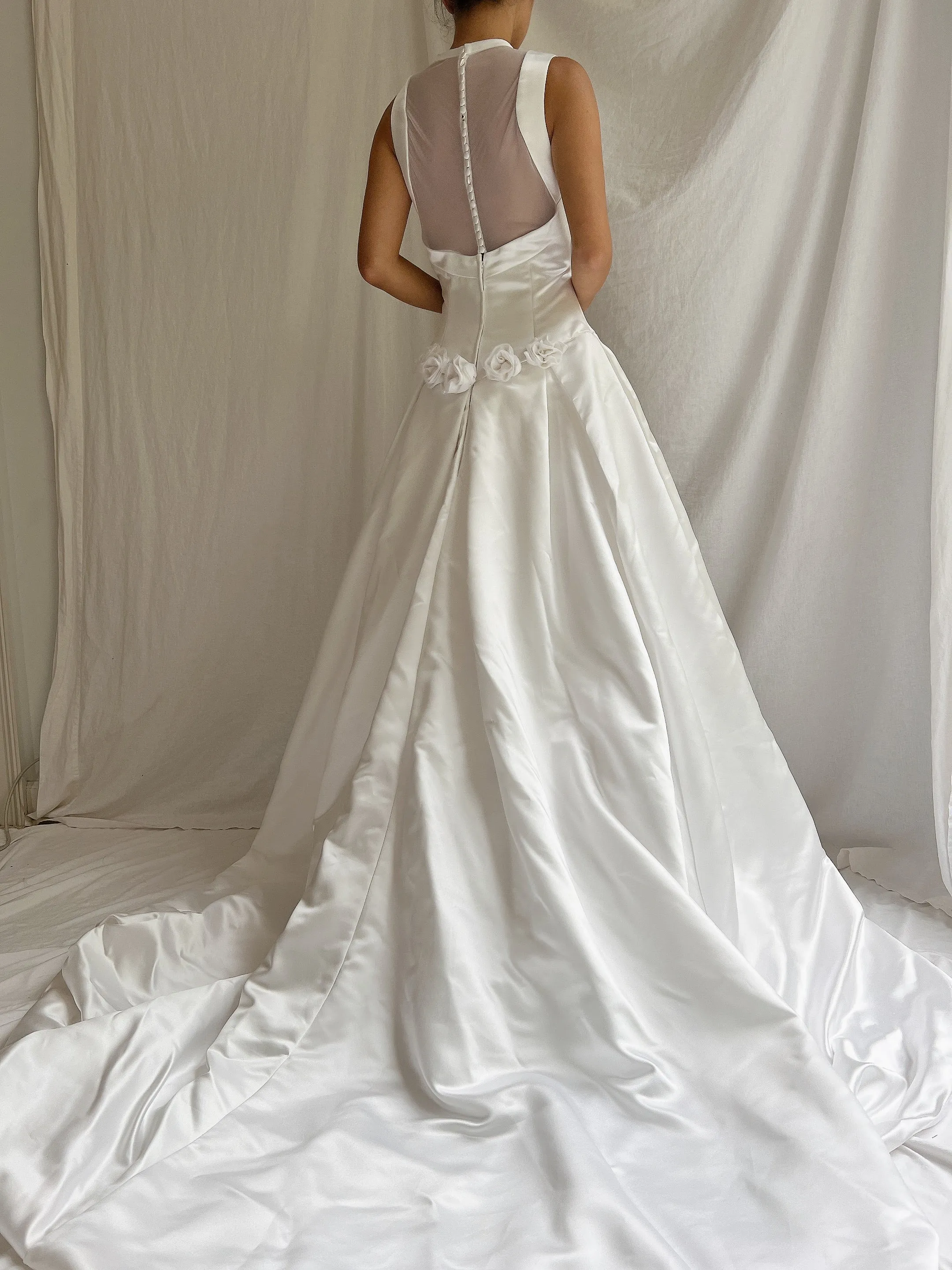 Vintage White Satin Illusion Gown - M/8