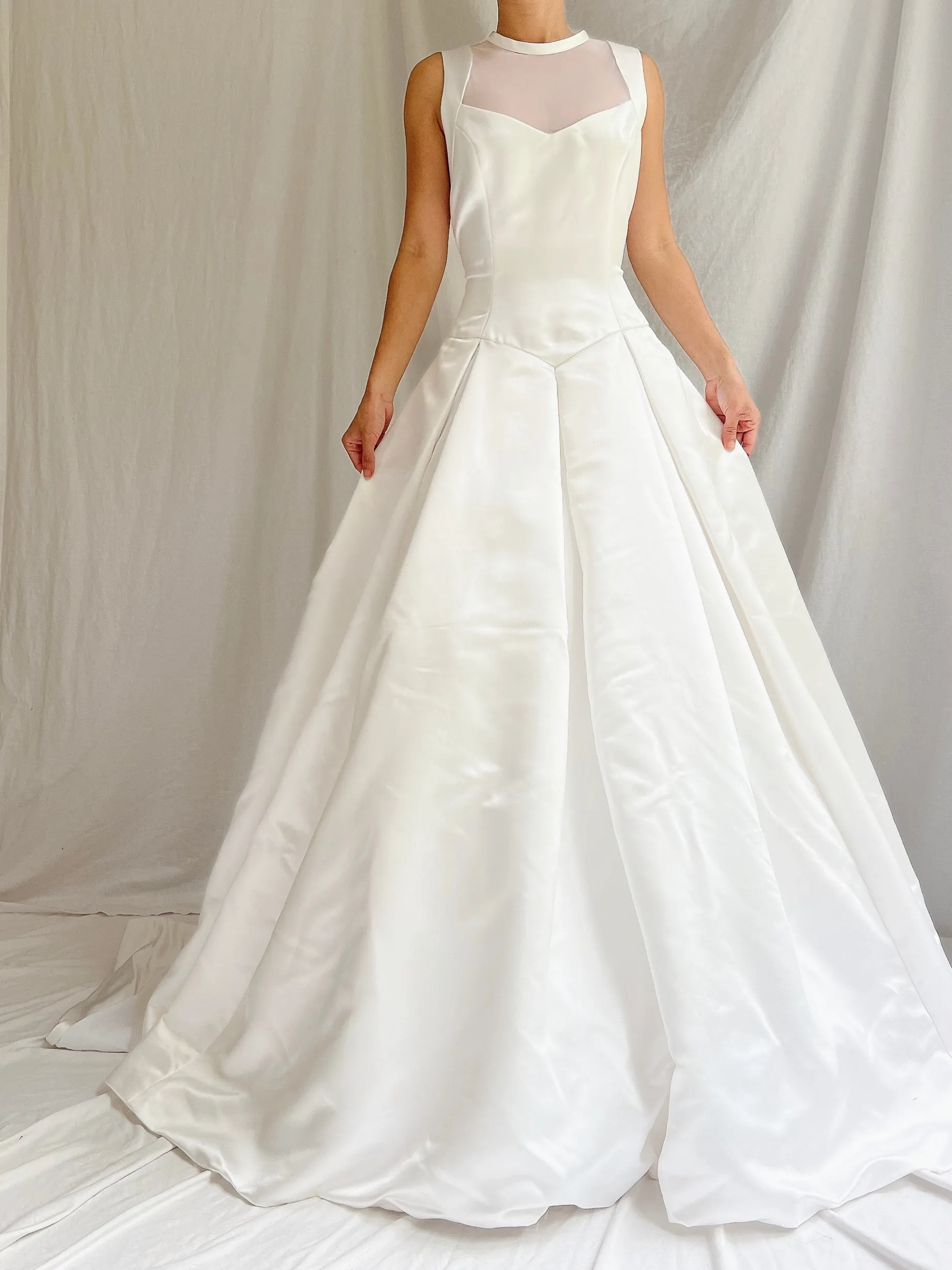 Vintage White Satin Illusion Gown - M/8
