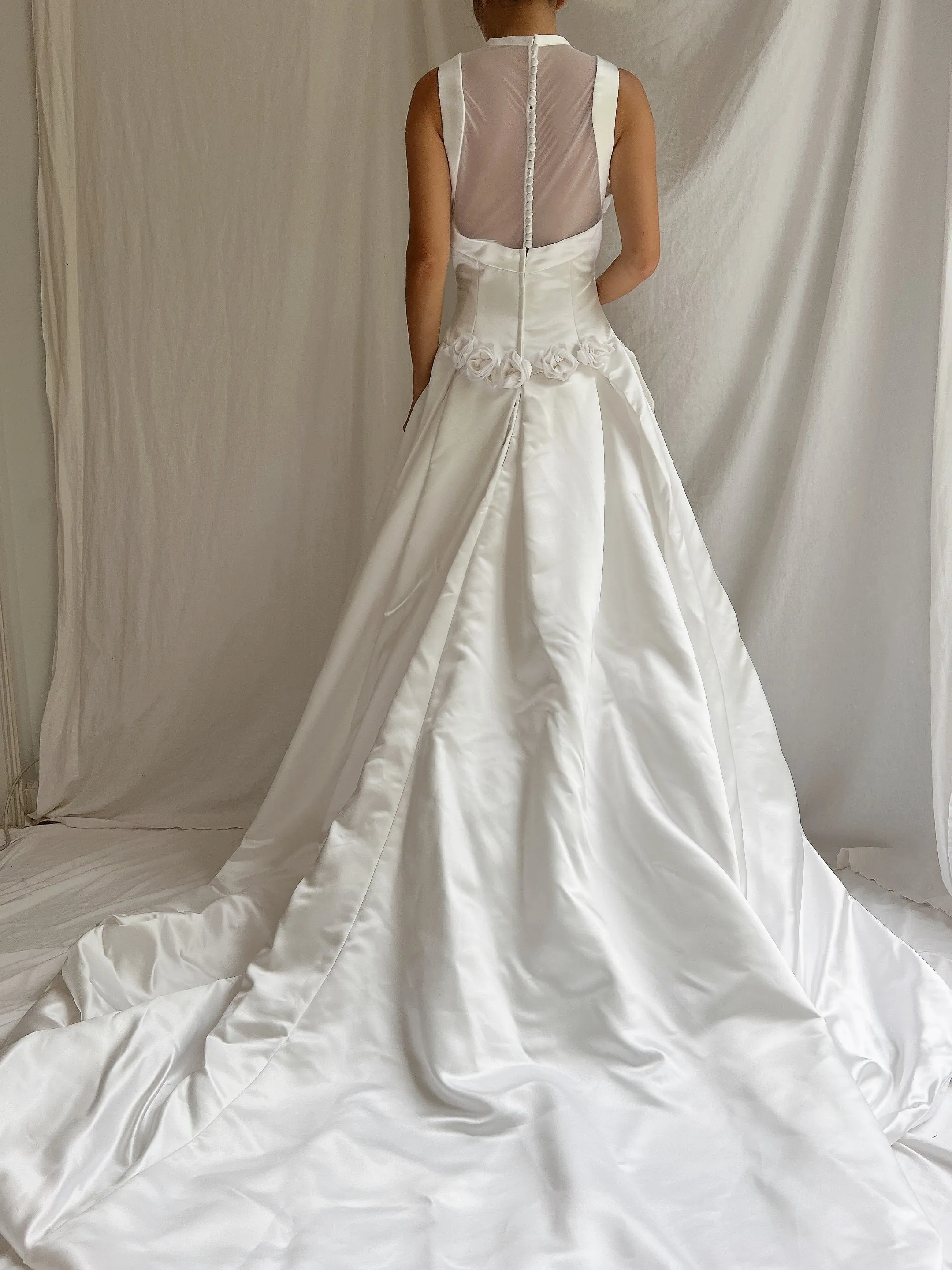 Vintage White Satin Illusion Gown - M/8