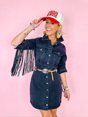 WESLIE FRINGE WASHED DENIM DRESS - BLACK