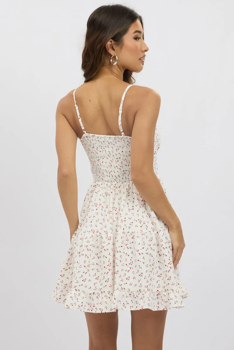 White Ditsy Fit And Flare Dress Strappy Mini