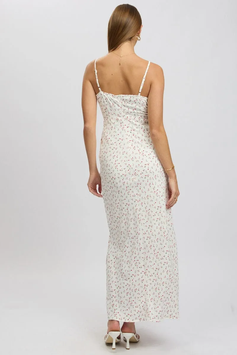 White Ditsy Midi Dress Gathering Bust Sleeveless