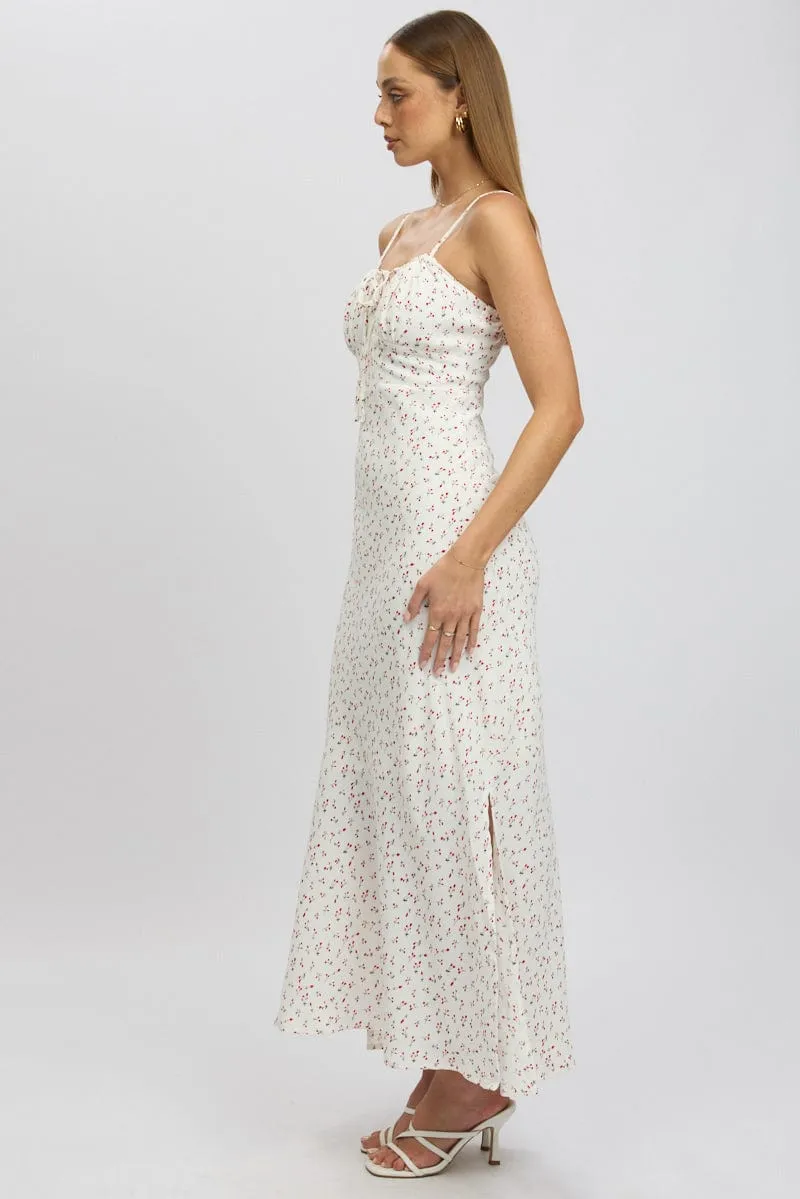 White Ditsy Midi Dress Gathering Bust Sleeveless