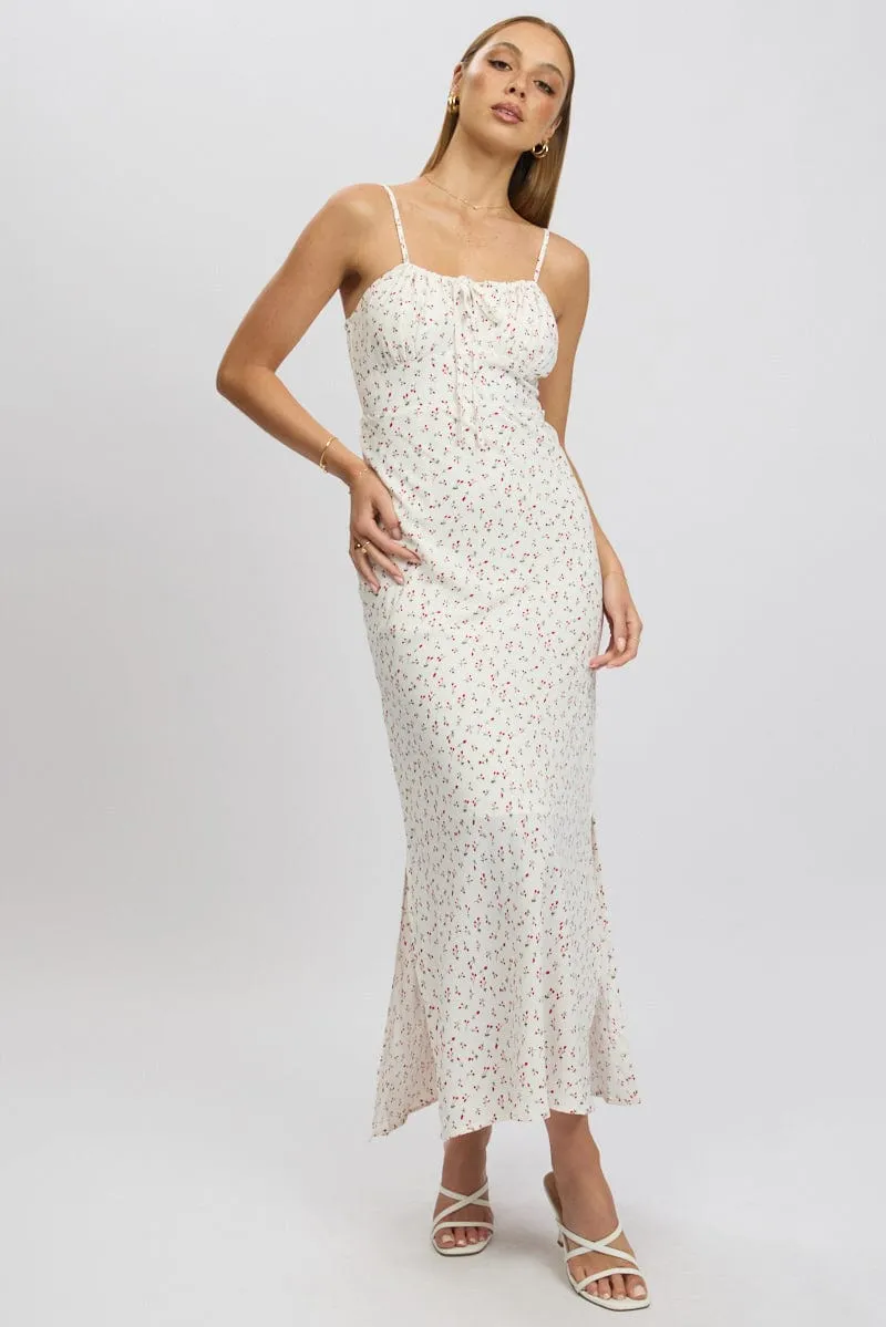 White Ditsy Midi Dress Gathering Bust Sleeveless