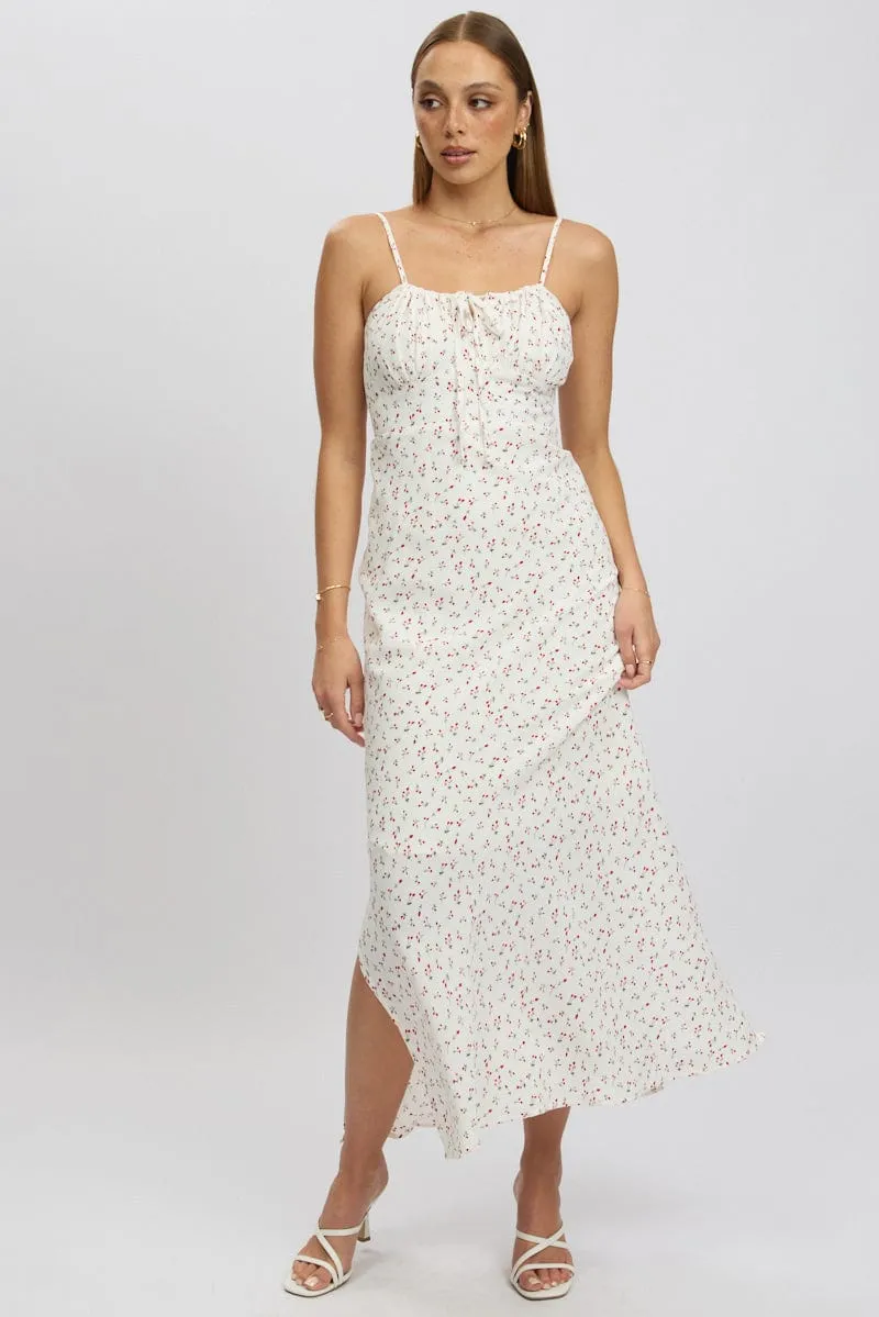 White Ditsy Midi Dress Gathering Bust Sleeveless