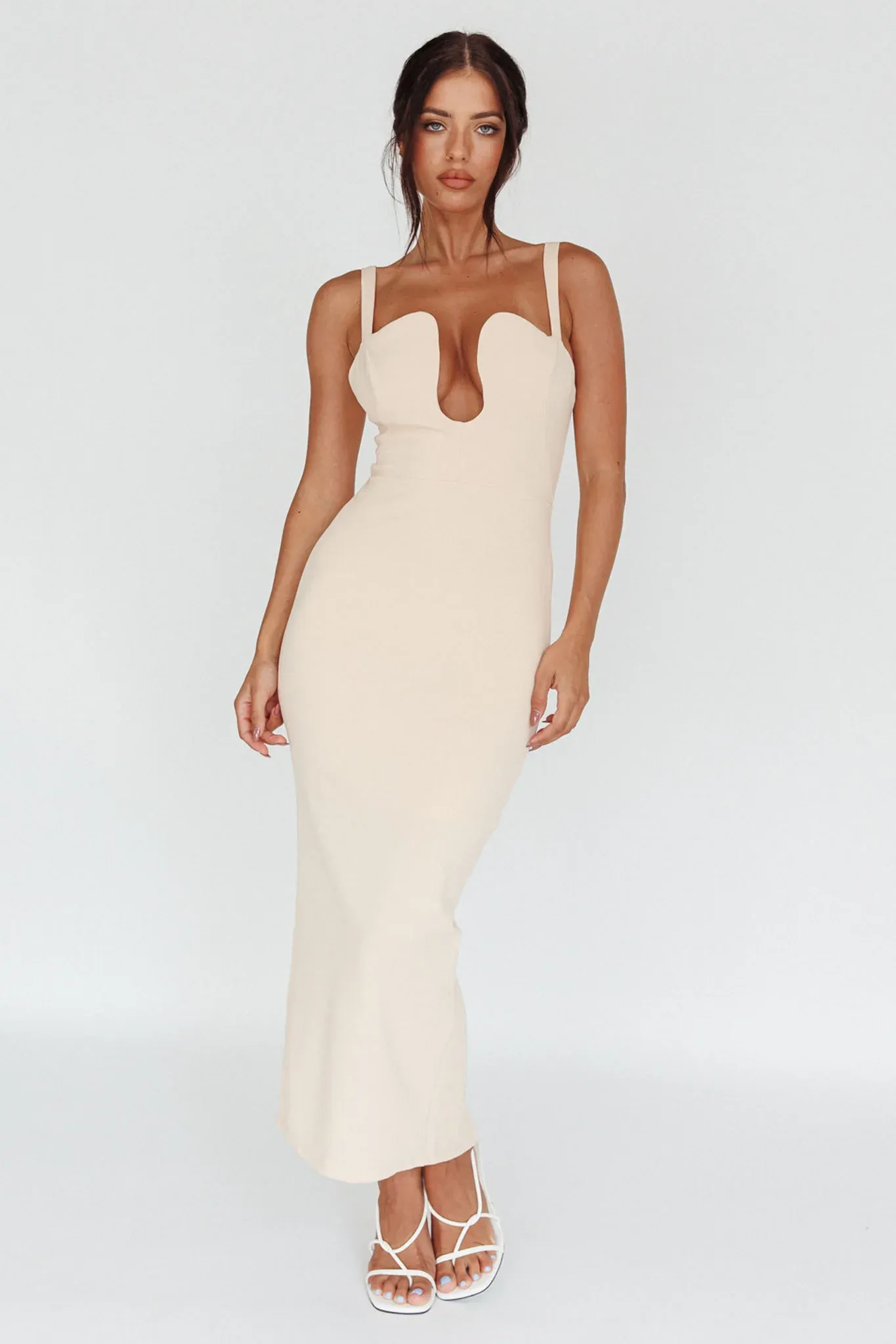 Winter Garden U-Neckline Maxi Dress Beige