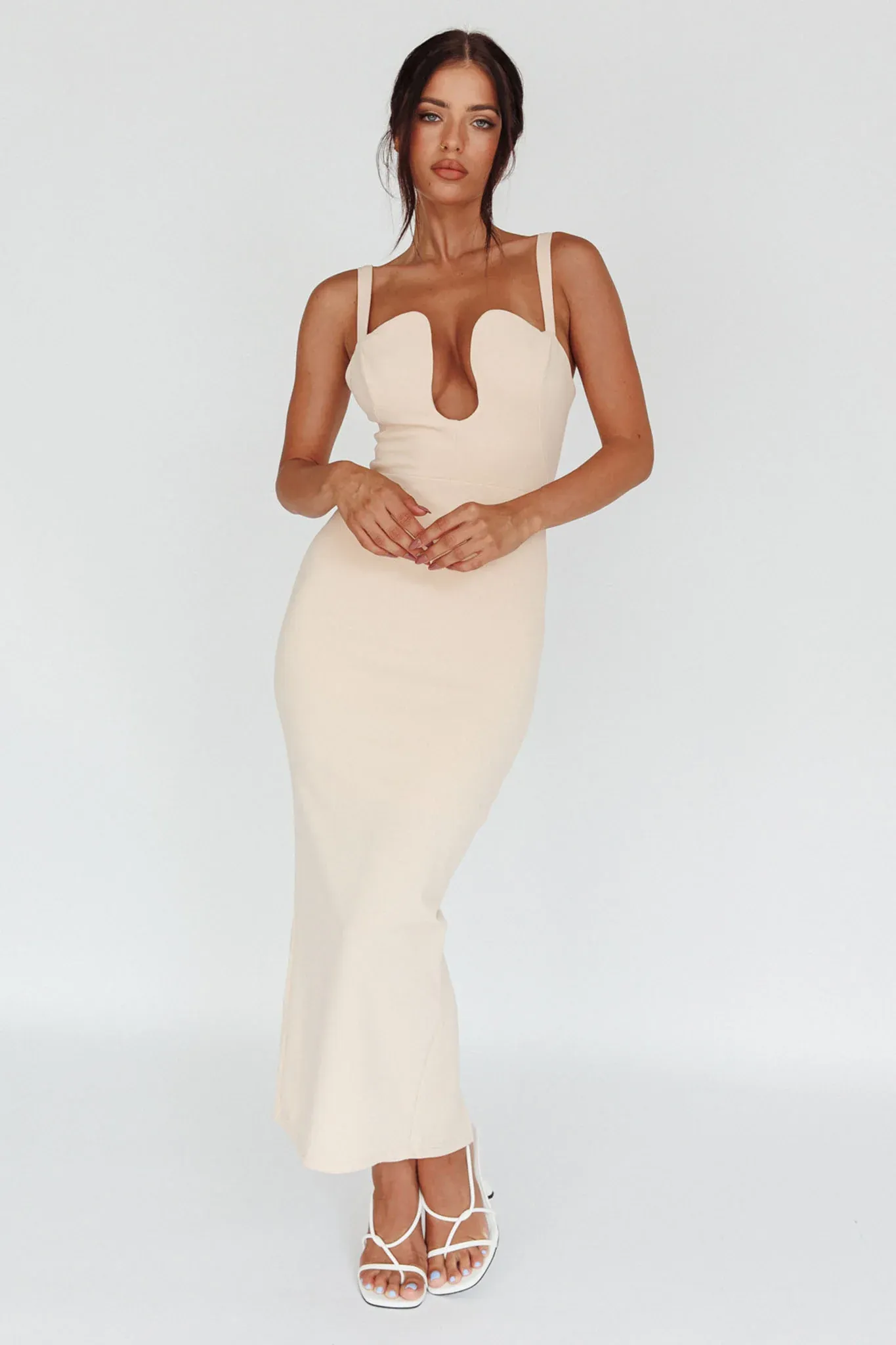 Winter Garden U-Neckline Maxi Dress Beige