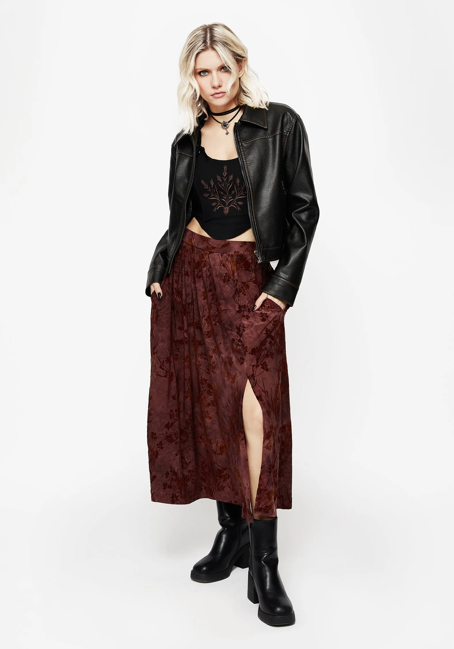 Wytchelm Floral Flocked Velour Midaxi Skirt - Red